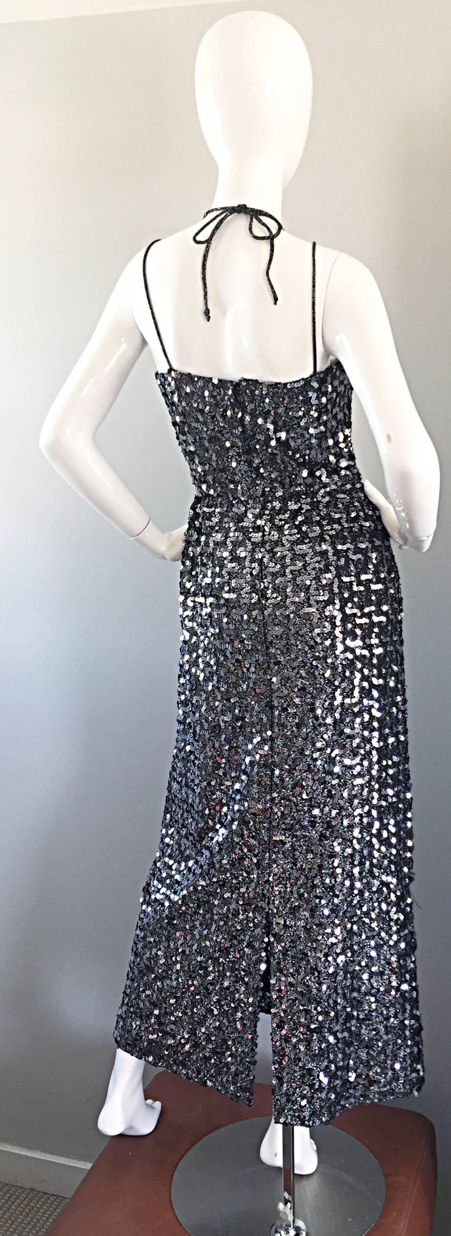 Black Amazing 1970s Norman Berg for Buckner's Silver Sequin Knit Vintage Halter Dress For Sale