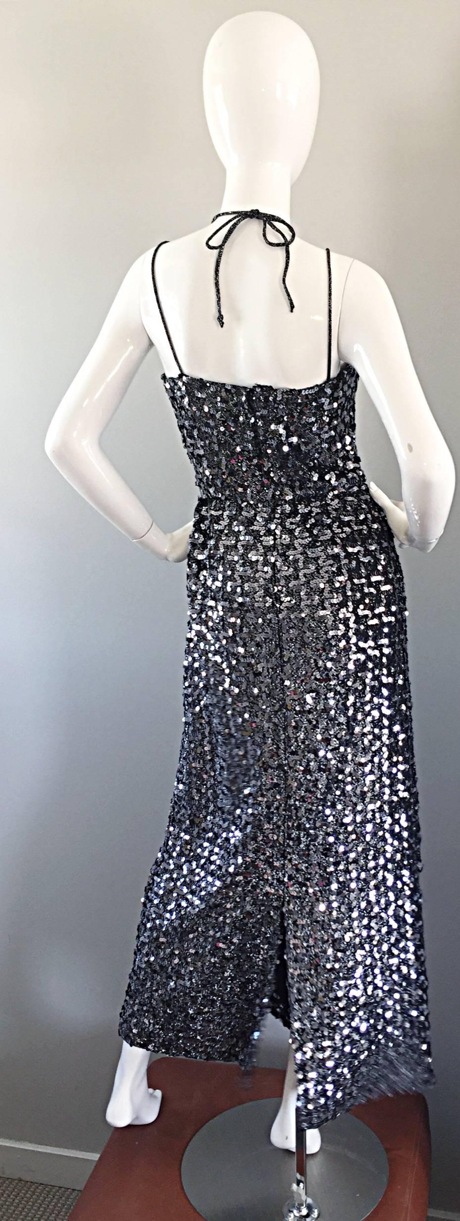 Amazing 1970s Norman Berg for Buckner's Silver Sequin Knit Vintage Halter Dress For Sale 2