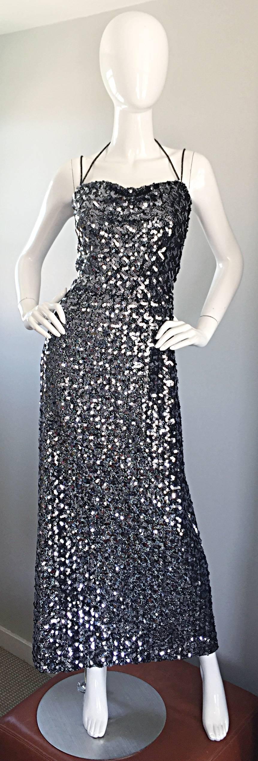 Amazing 1970s Norman Berg for Buckner's Silver Sequin Knit Vintage Halter Dress For Sale 3