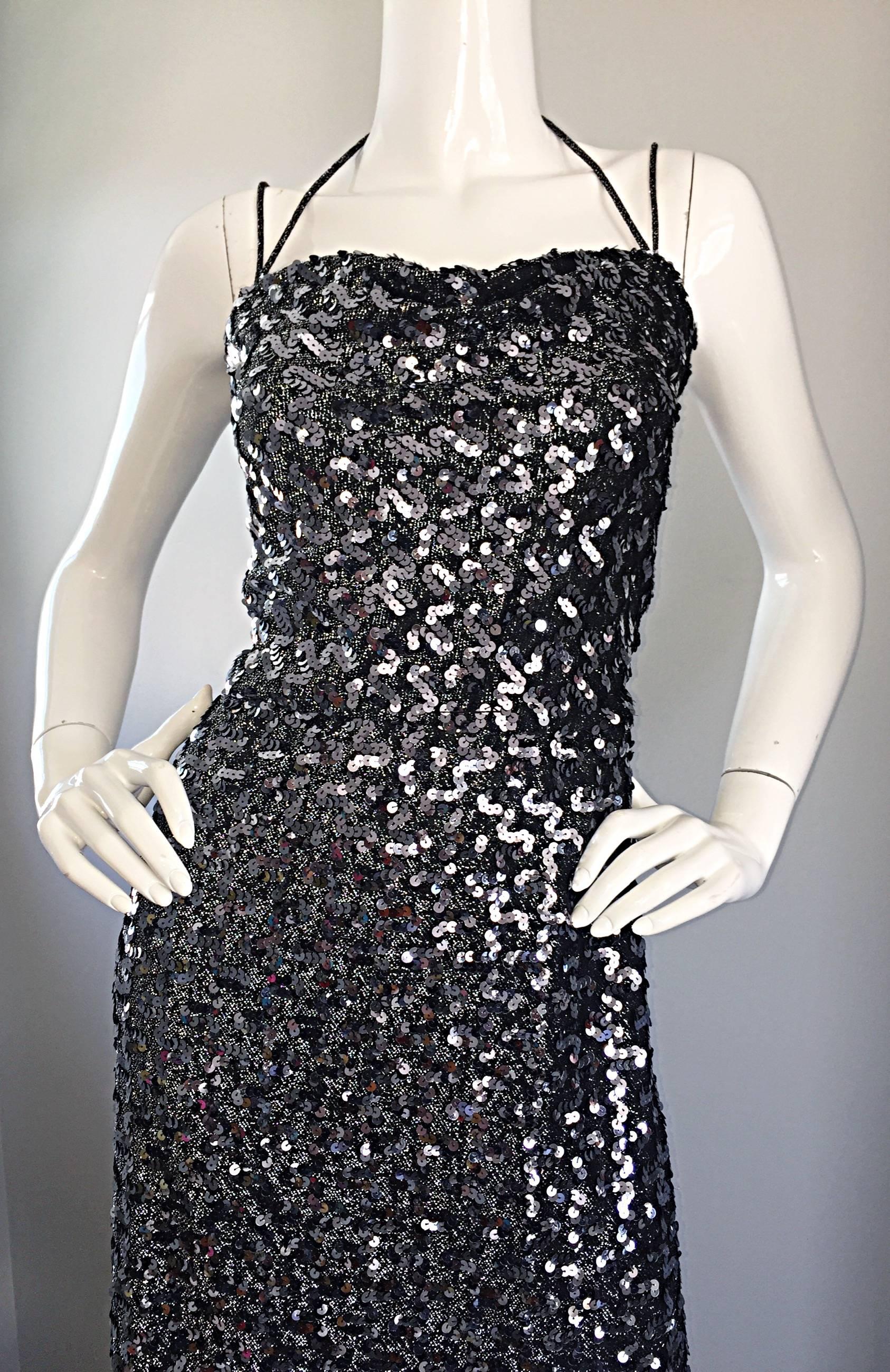 Amazing 1970s Norman Berg for Buckner's Silver Sequin Knit Vintage Halter Dress For Sale 1