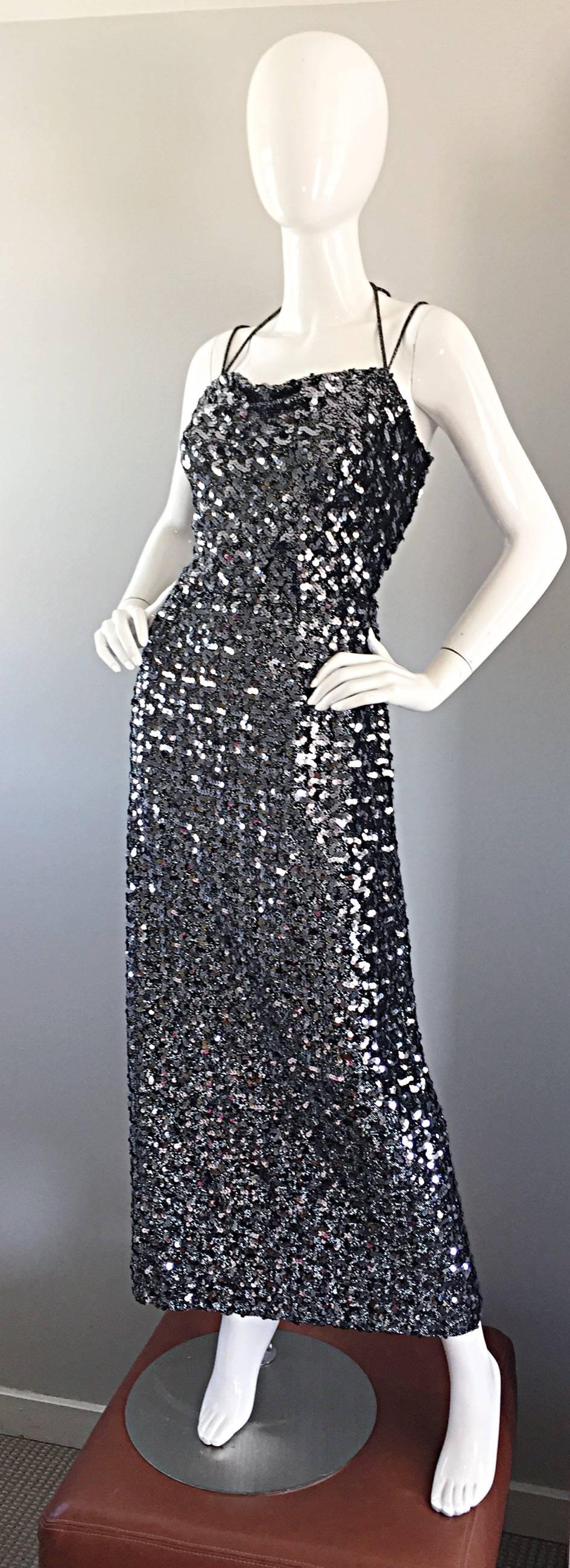 Women's Amazing 1970s Norman Berg for Buckner's Silver Sequin Knit Vintage Halter Dress For Sale