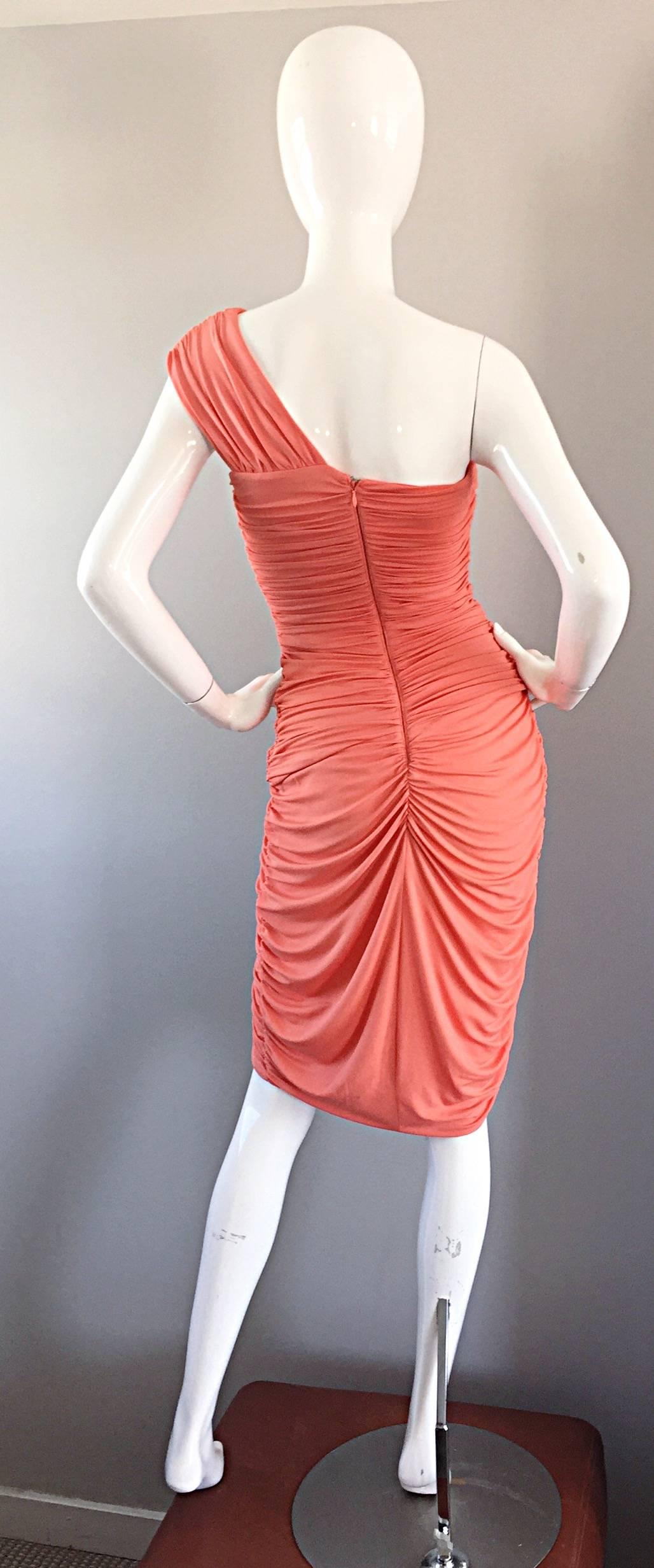 Red Michael Kors Collection Coral Jersey Ruched Grecian One Shoulder Toga Dress