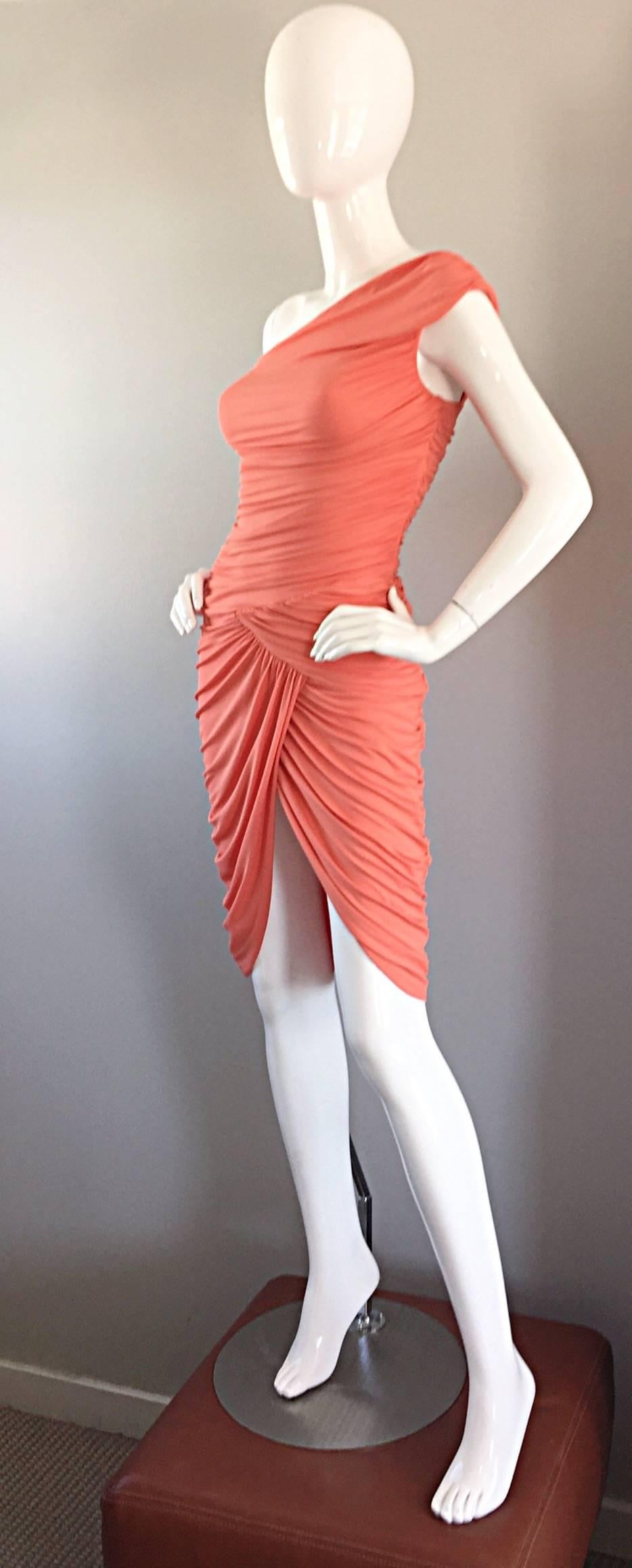 Michael Kors Collection Coral Jersey Ruched Grecian One Shoulder Toga Dress In Excellent Condition In San Diego, CA