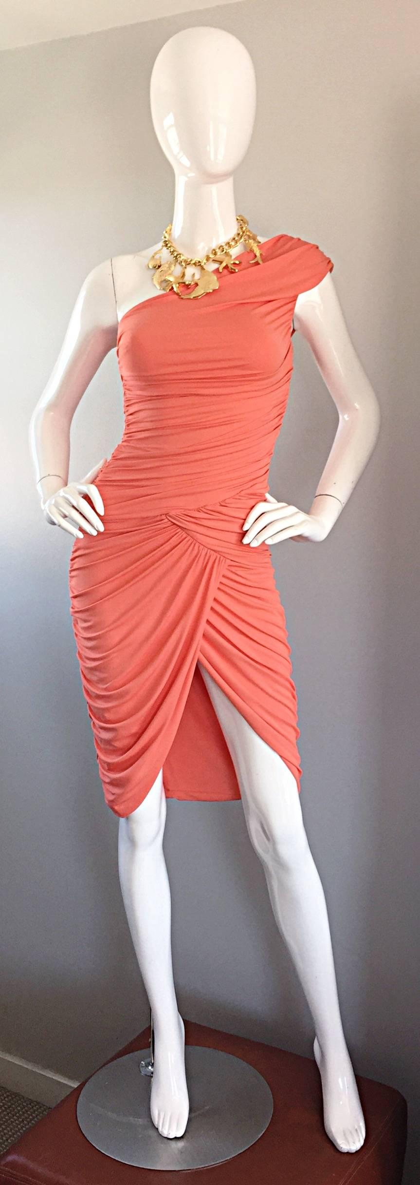 Super flattering MICHAEL KORS COLLECTION (Made in Italy) coral colored ruched Grecian style dress! Amazing attention to detail, that is absolutely stunning on the body! Double layered ruched jersey material not only looks good, but is super