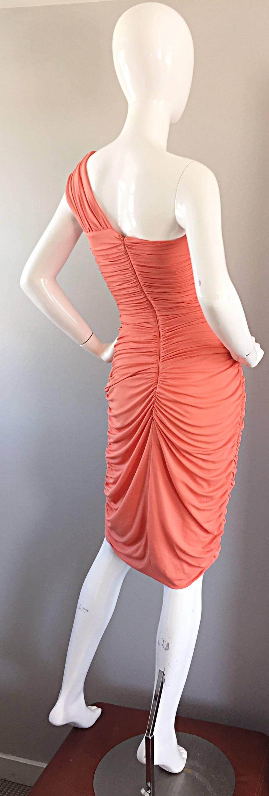 Michael Kors Collection Coral Jersey Ruched Grecian One Shoulder Toga Dress 1