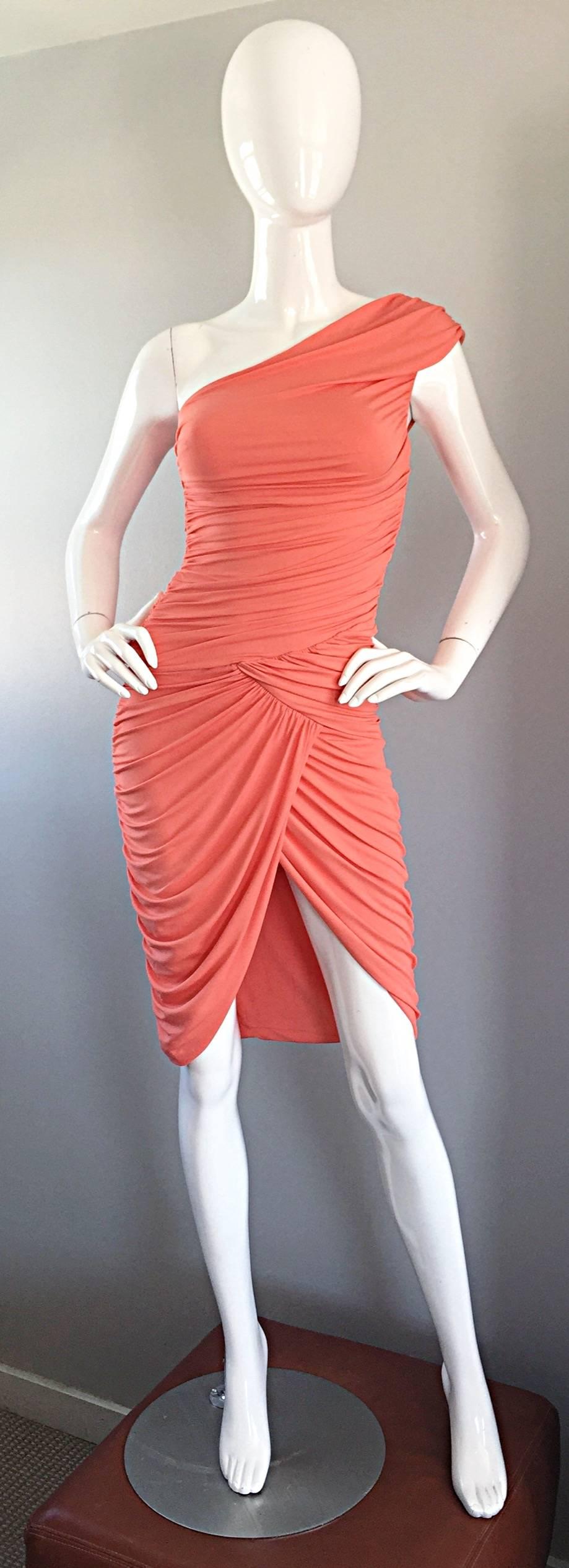 Michael Kors Collection Coral Jersey Ruched Grecian One Shoulder Toga Dress 2
