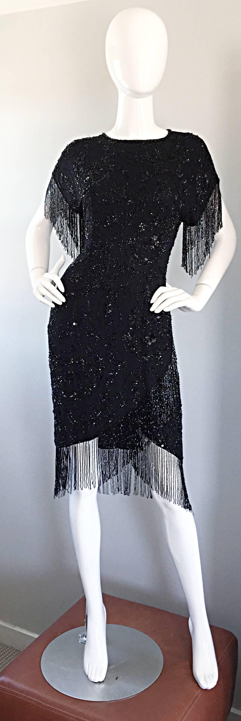 Exquisite Vintage Oleg Cassini ' Flapper ' Sz 10 Black Silk Beaded Sequin Dress  3