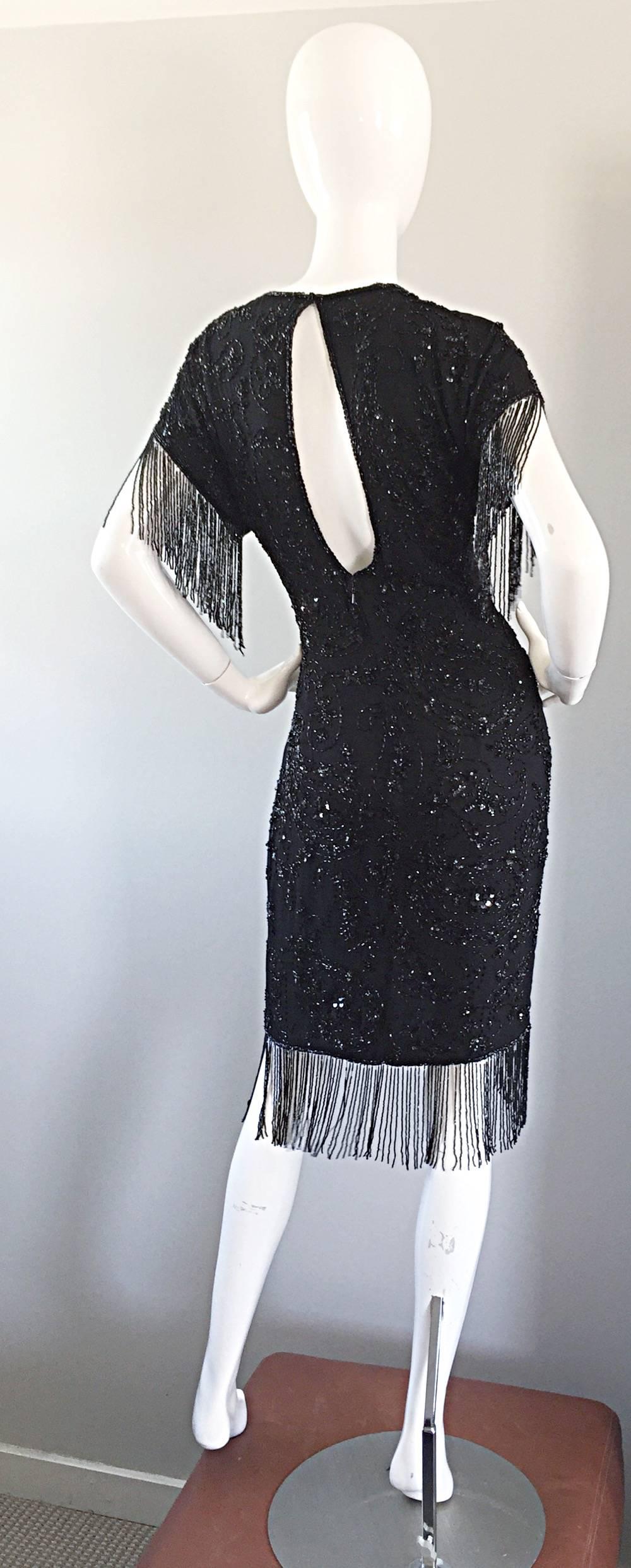 Exquisite Vintage Oleg Cassini ' Flapper ' Sz 10 Black Silk Beaded Sequin Dress  1