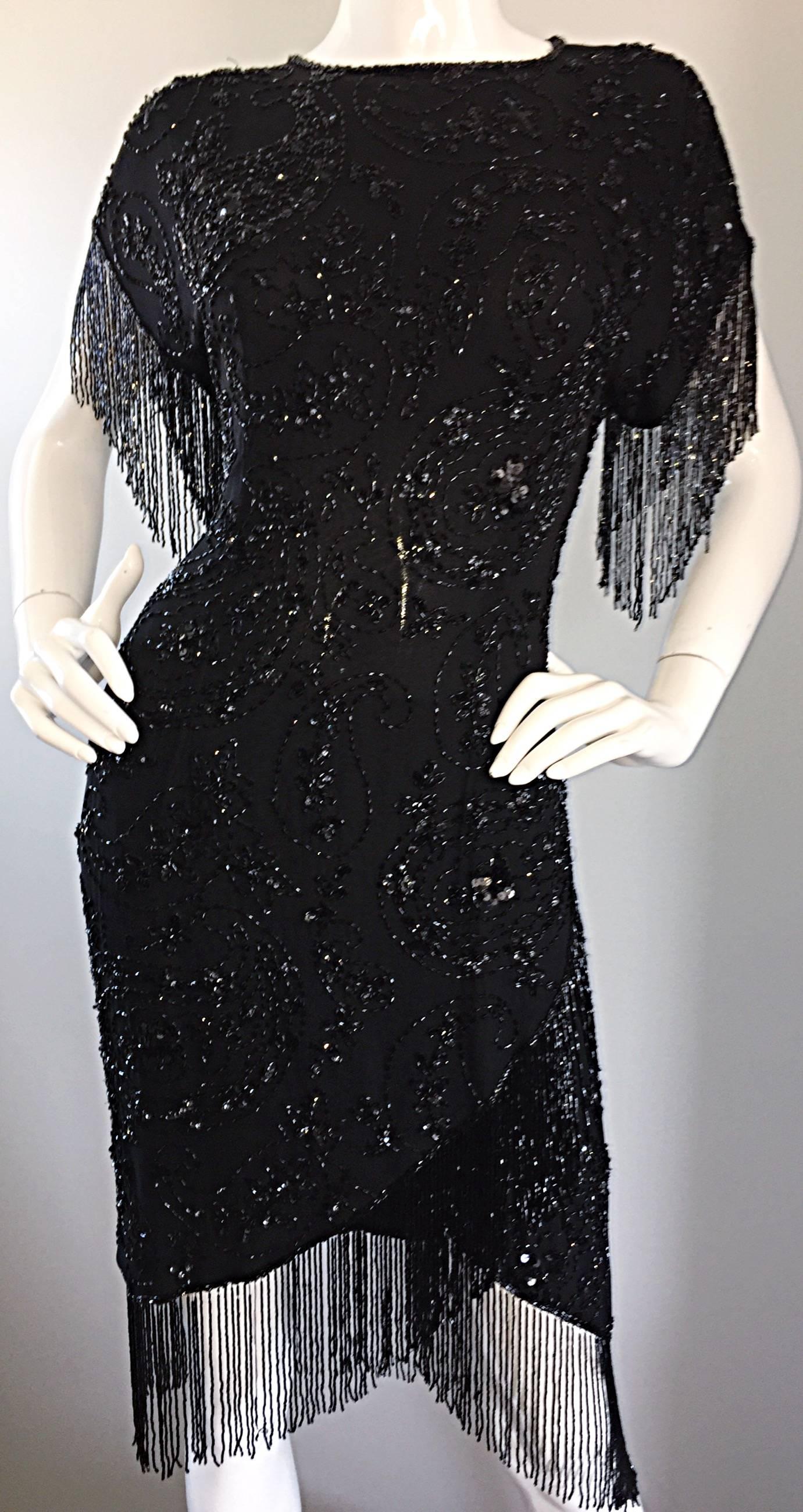 Women's Exquisite Vintage Oleg Cassini ' Flapper ' Sz 10 Black Silk Beaded Sequin Dress 