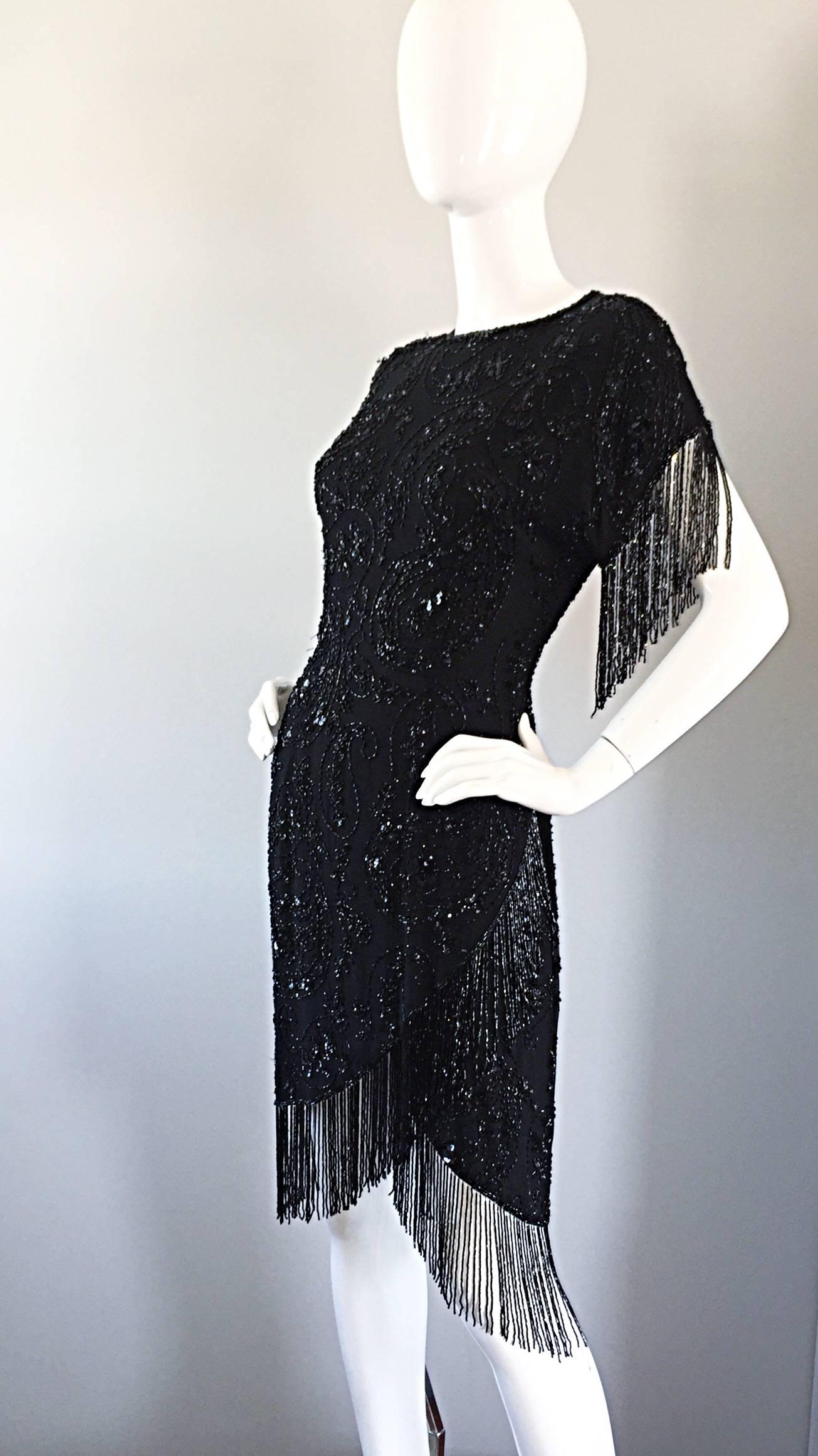 Exquisite Vintage Oleg Cassini ' Flapper ' Sz 10 Black Silk Beaded Sequin Dress  2