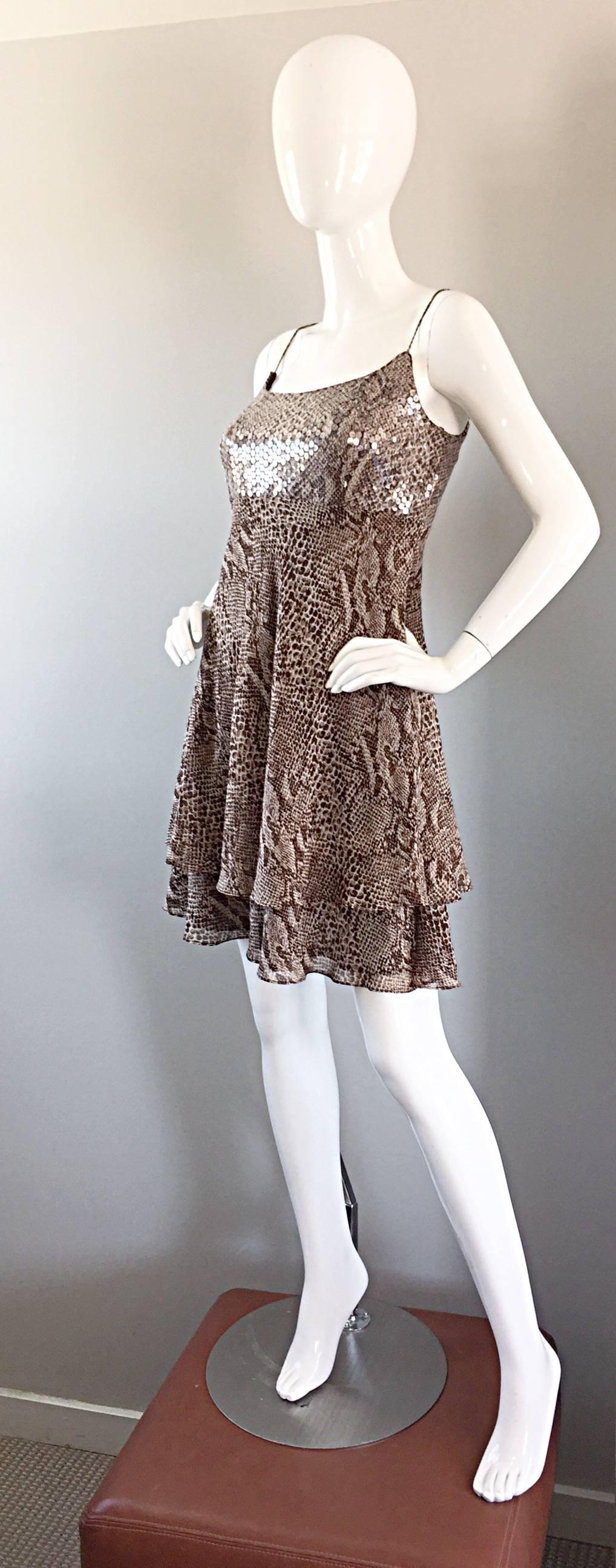 Brown 1990s Lillie Rubin Silk Chiffon Sequin Snakeskin Print Vintage Babydoll Dress  For Sale