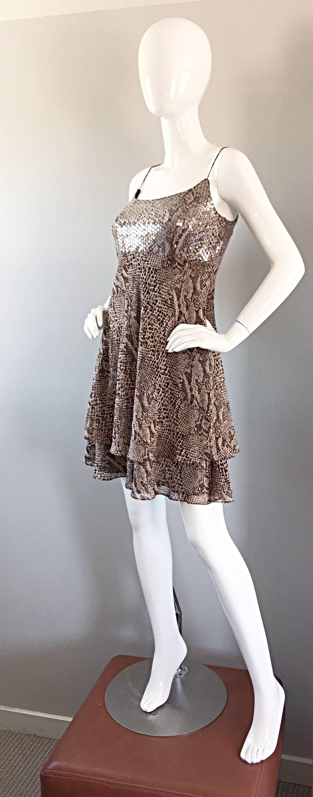 Brown 1990s Lillie Rubin Silk Chiffon Sequin Snakeskin Print Vintage Babydoll Dress For Sale