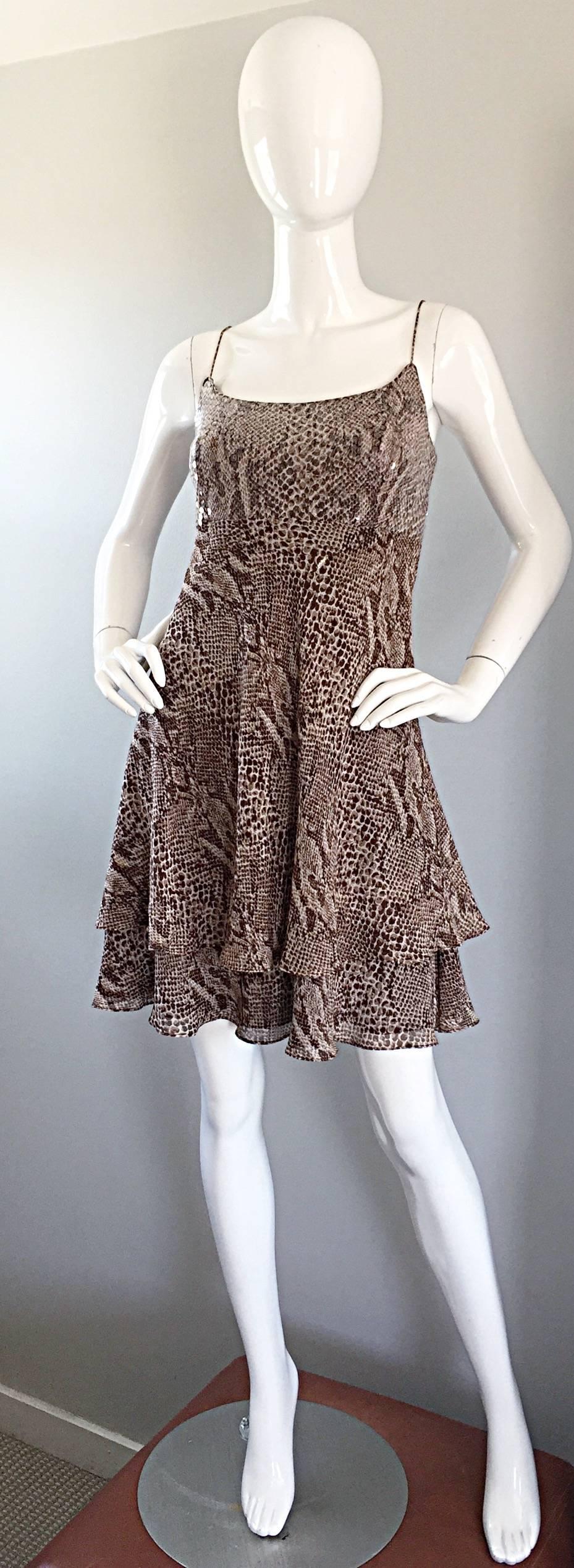 Awesome 90s LILLIE RUBIN snake / reptile print silk chiffon baby doll dress! Features allover hand-sewn iridescent sequins on the front and back of the bodice. Two tiers on the skirt for a flirty flowy look. Thin spaghetti straps at each shoulder.