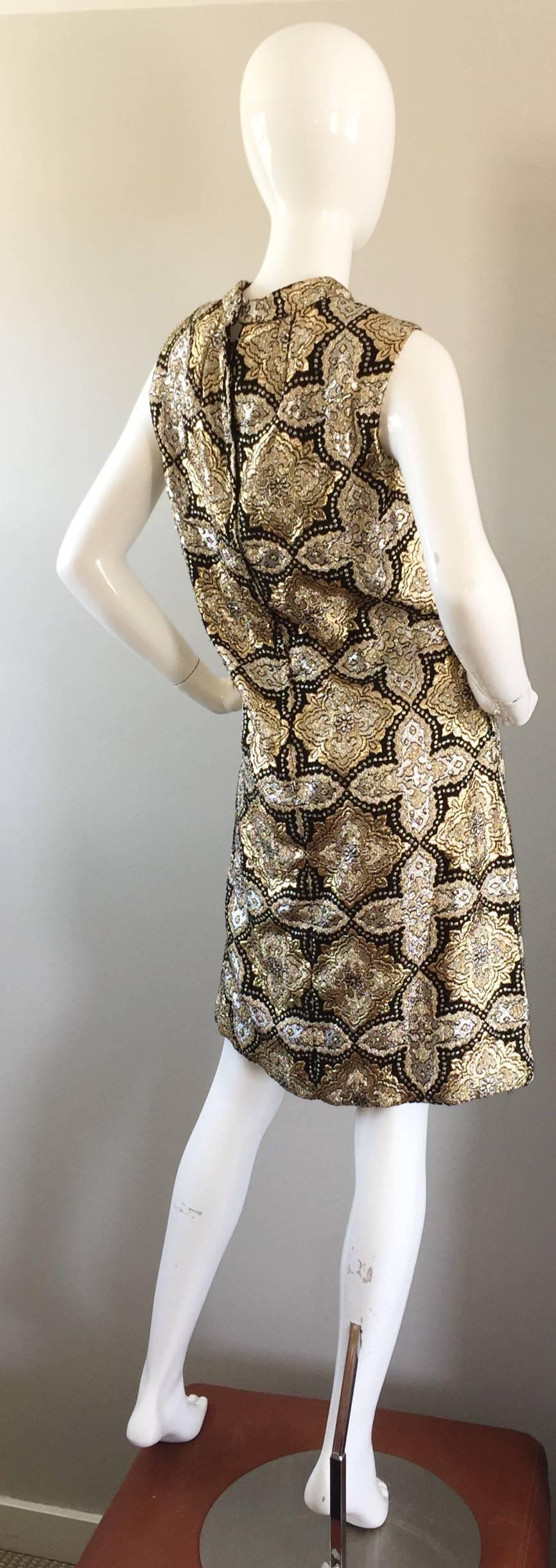 1960s Pat Sandler Silver + Gold + Black Silk Brocade Rhinestone A - Line Dress 2