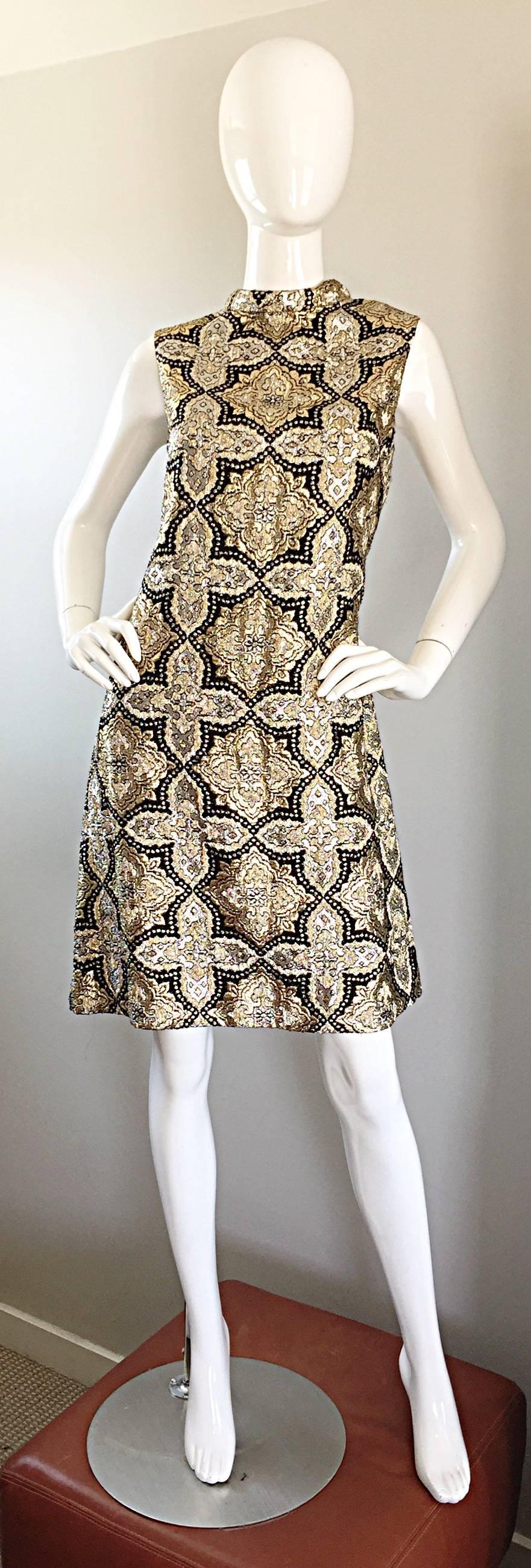 1960s Pat Sandler Silver + Gold + Black Silk Brocade Rhinestone A - Line Dress 1
