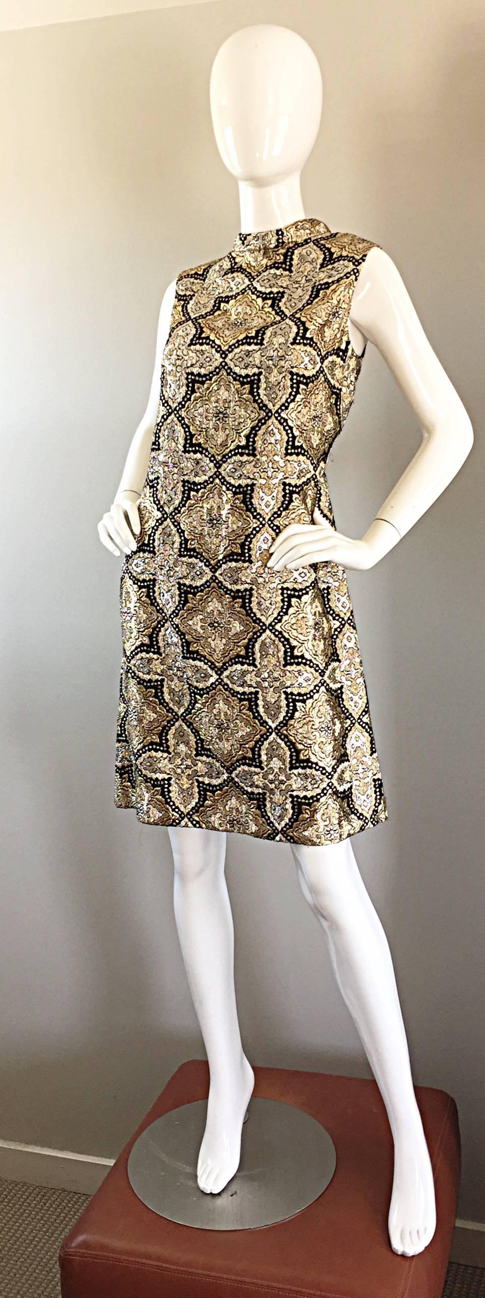 Women's 1960s Pat Sandler Silver + Gold + Black Silk Brocade Rhinestone A - Line Dress