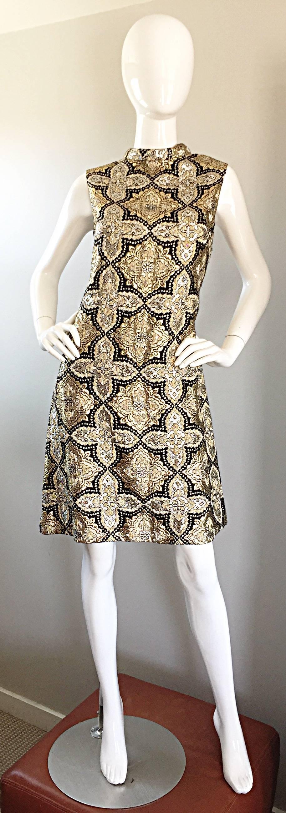 1960s Pat Sandler Silver + Gold + Black Silk Brocade Rhinestone A - Line Dress 3