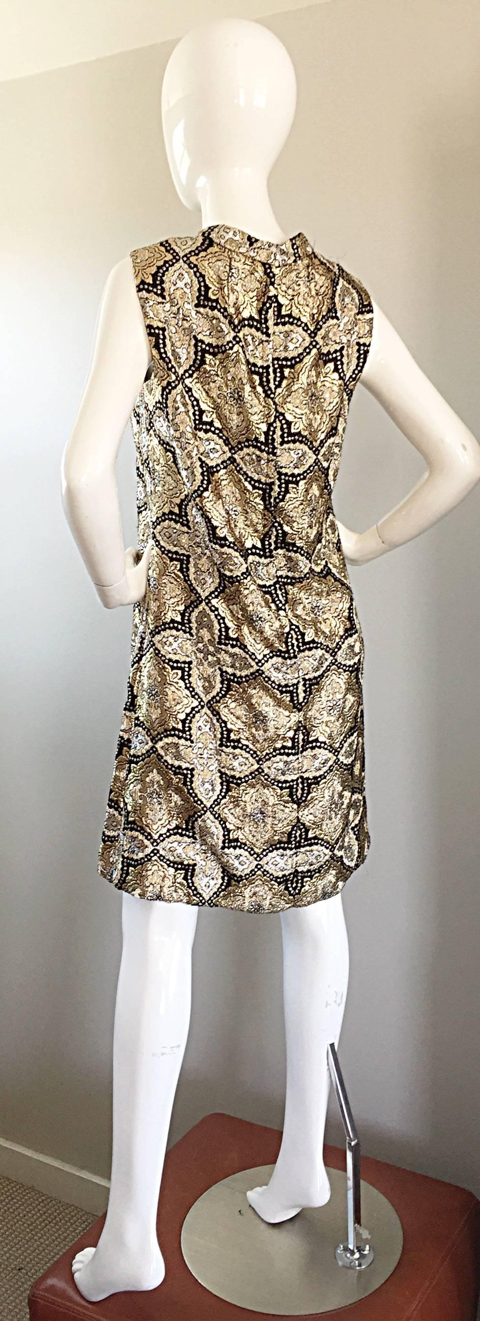 1960s Pat Sandler Silver + Gold + Black Silk Brocade Rhinestone A - Line Dress In Excellent Condition In San Diego, CA