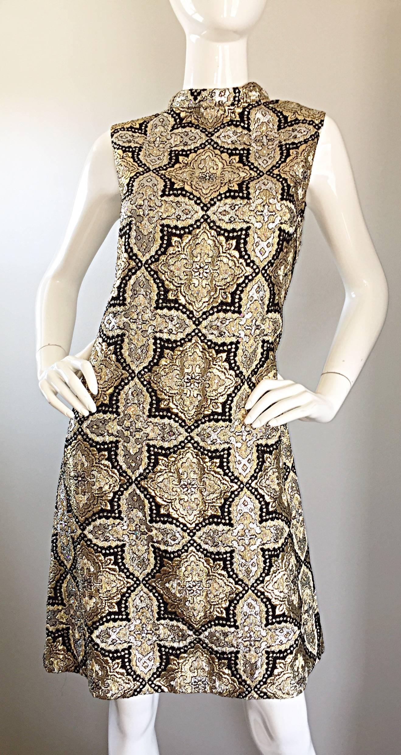 Brown 1960s Pat Sandler Silver + Gold + Black Silk Brocade Rhinestone A - Line Dress
