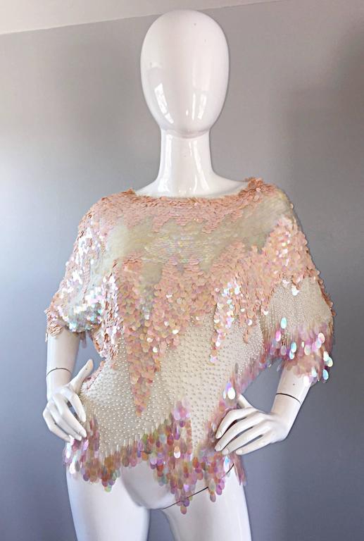Prettiest 1980s Oleg Cassini Pink Silk Dress Covered in Iridescent Sequins w Silver Tube Bead Detailing & Trim