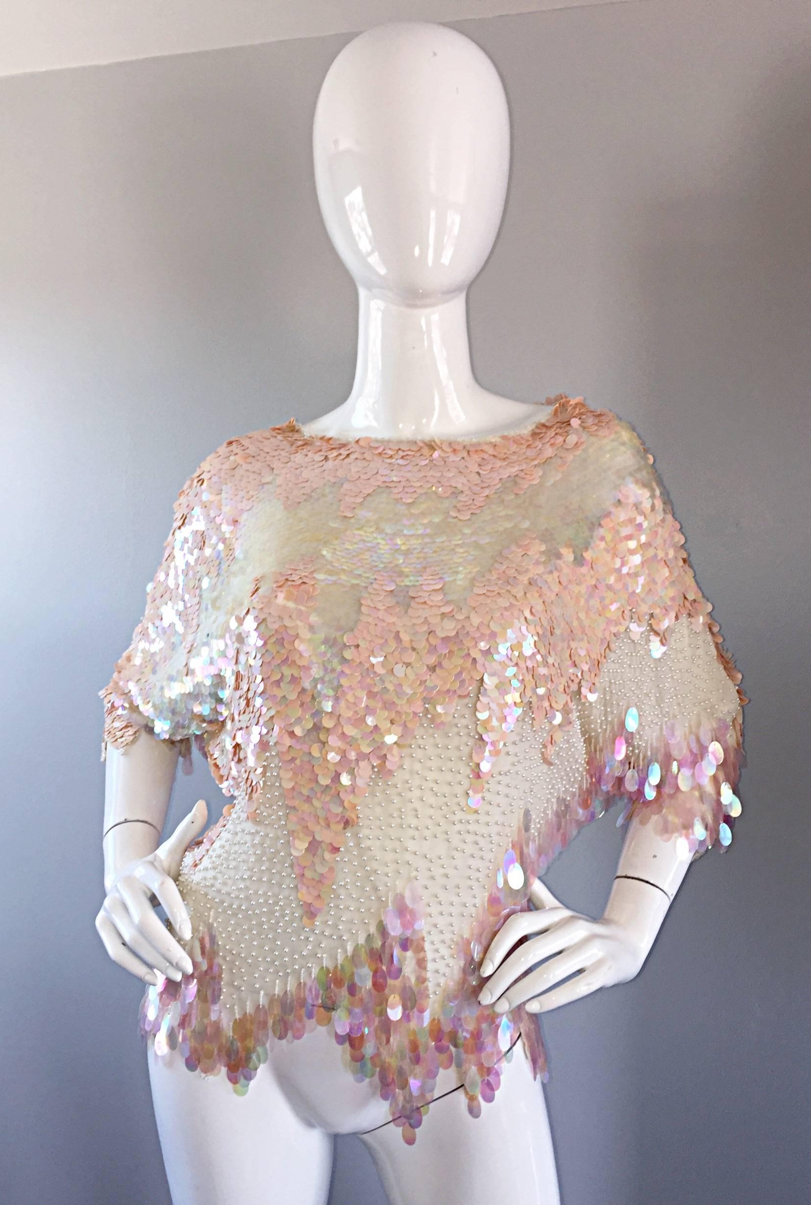 Beige Exceptional Vintage Oleg Cassini Pink + Ivory Silk Paillette + Pearls Sequin Top