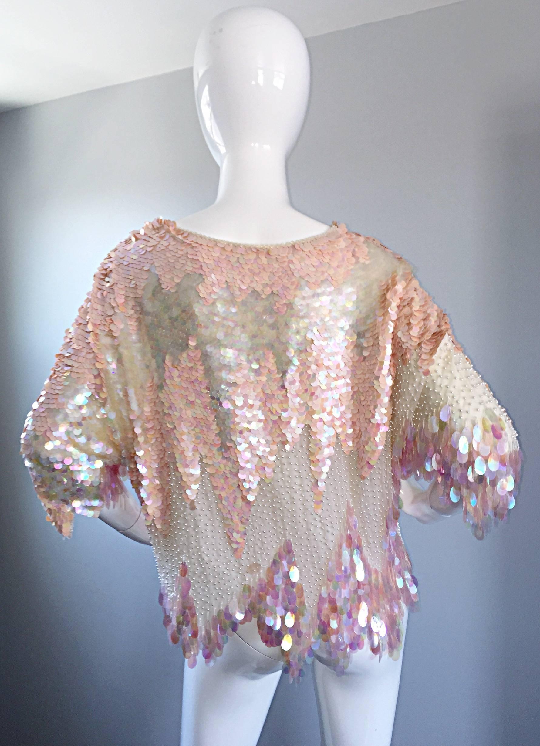 Exceptional Vintage Oleg Cassini Pink + Ivory Silk Paillette + Pearls Sequin Top 2