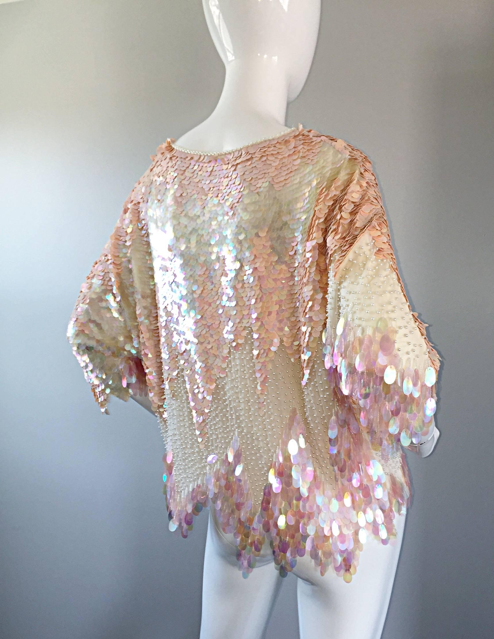Exceptional Vintage Oleg Cassini Pink + Ivory Silk Paillette + Pearls Sequin Top In Excellent Condition In San Diego, CA