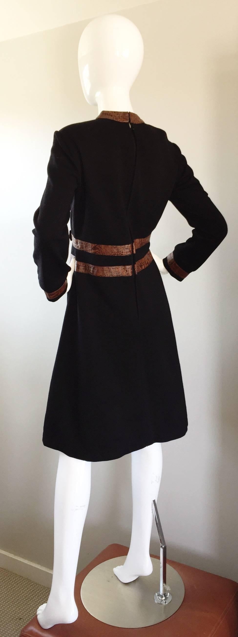 1960s Louis Feraud Super Rare Black Wool + Brown Embossed Leather A Line Dress 2