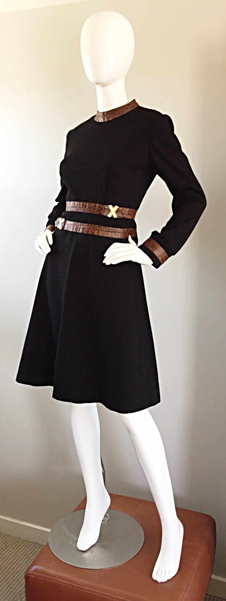 Women's 1960s Louis Feraud Super Rare Black Wool + Brown Embossed Leather A Line Dress