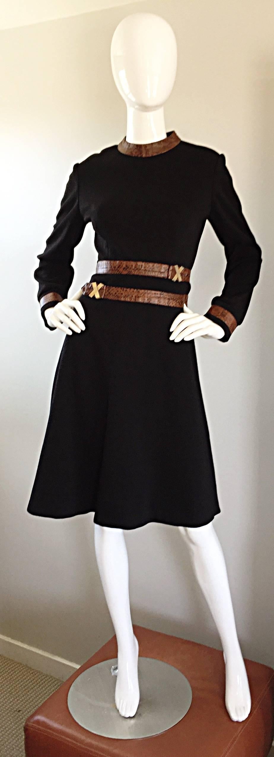1960s Louis Feraud Super Rare Black Wool + Brown Embossed Leather A Line Dress 5