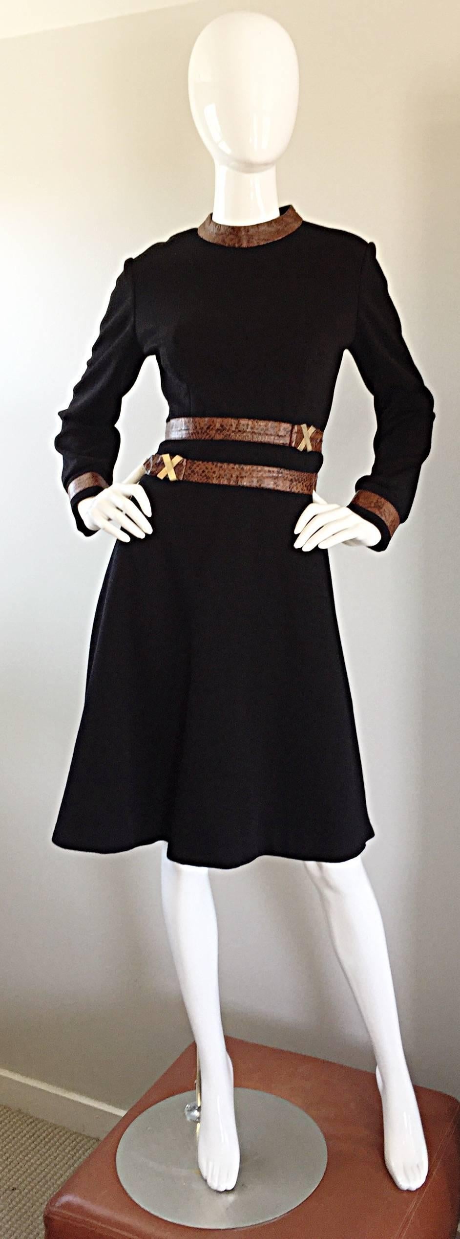 1960s Louis Feraud Super Rare Black Wool + Brown Embossed Leather A Line Dress 1