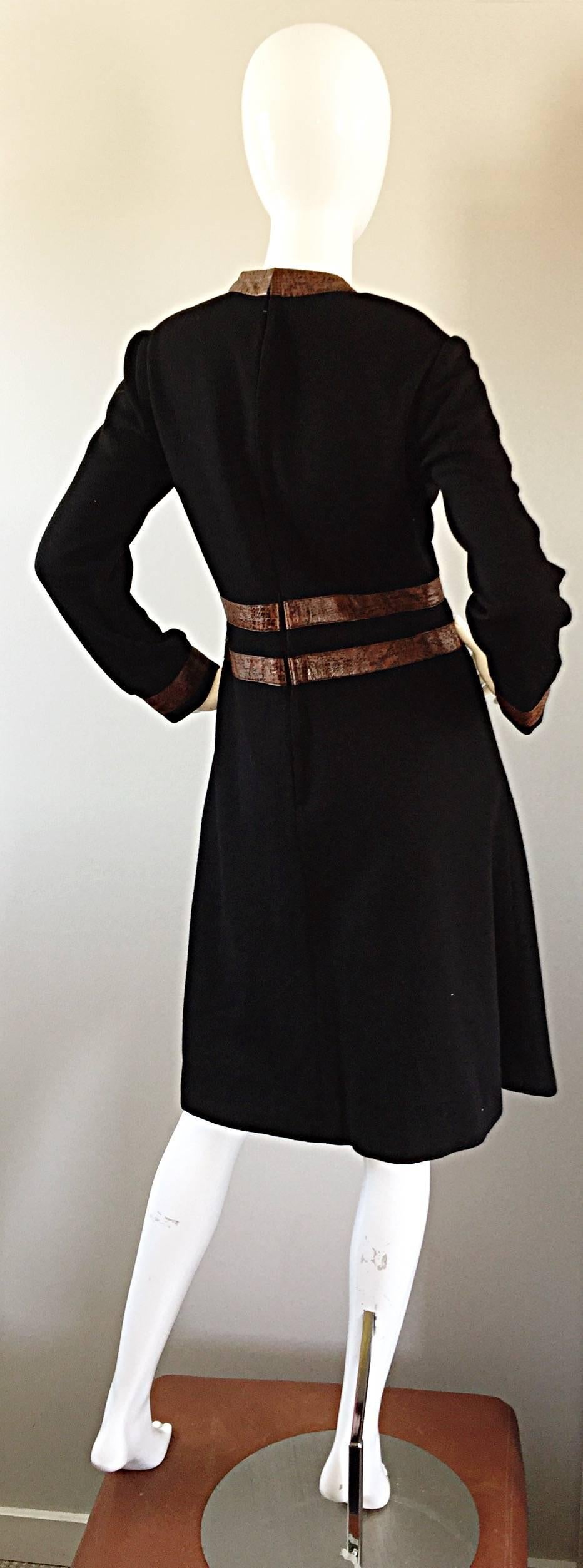 1960s Louis Feraud Super Rare Black Wool + Brown Embossed Leather A Line Dress 4
