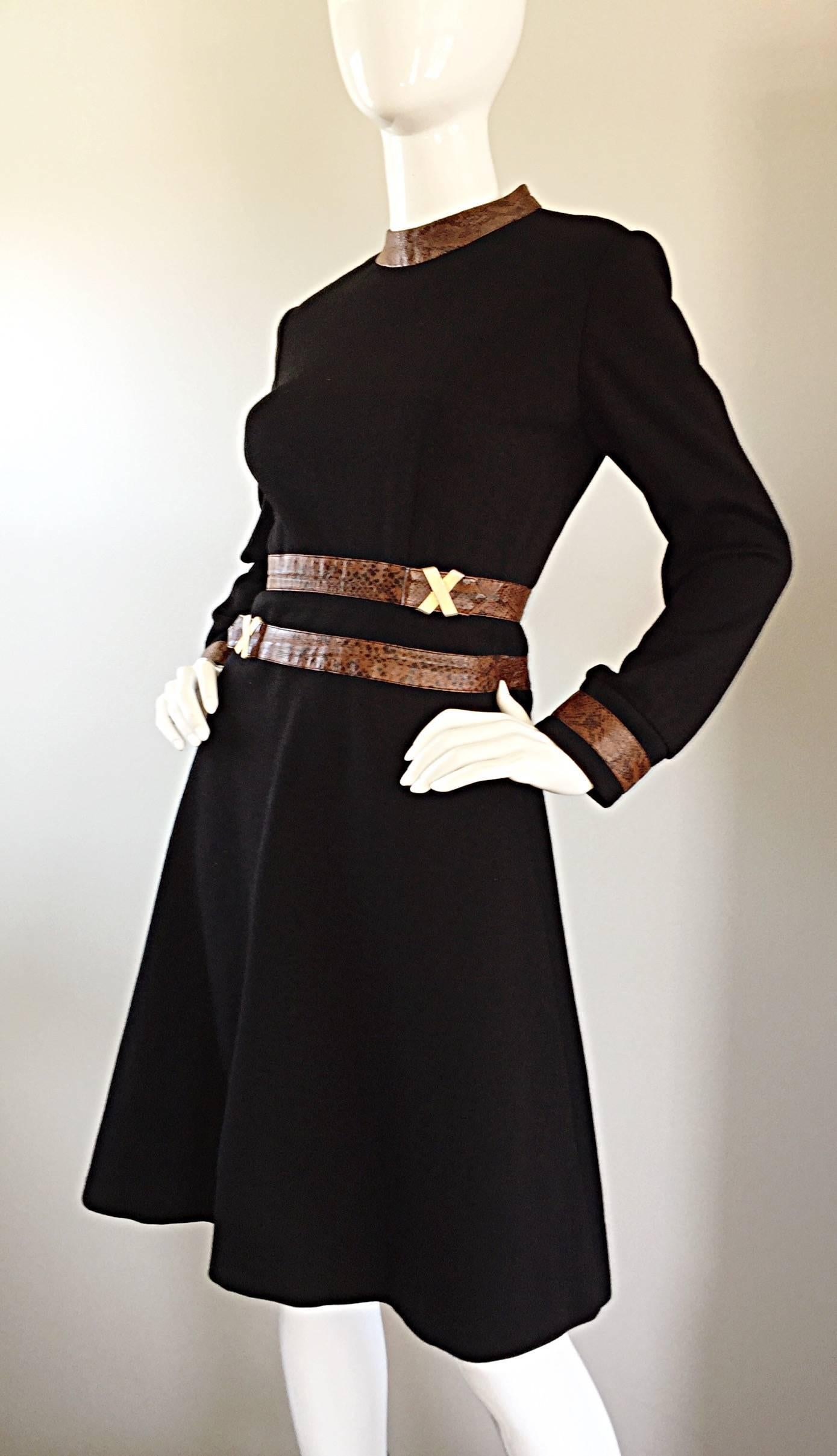 1960s Louis Feraud Super Rare Black Wool + Brown Embossed Leather A Line Dress 3