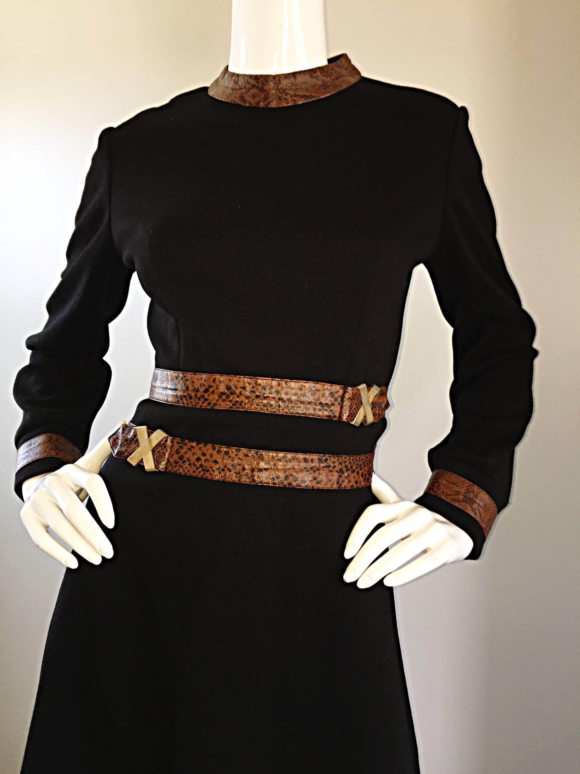1960s Louis Feraud Super Rare Black Wool + Brown Embossed Leather A Line Dress In Excellent Condition In San Diego, CA