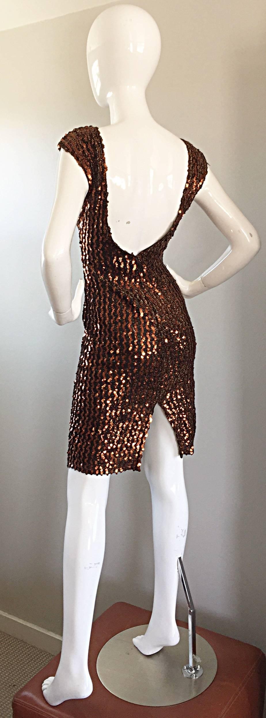 1970s Ellen Warren Bronze Sequined Vintage Knit 70s Disco Dress w/ Plunging Back In Excellent Condition In San Diego, CA