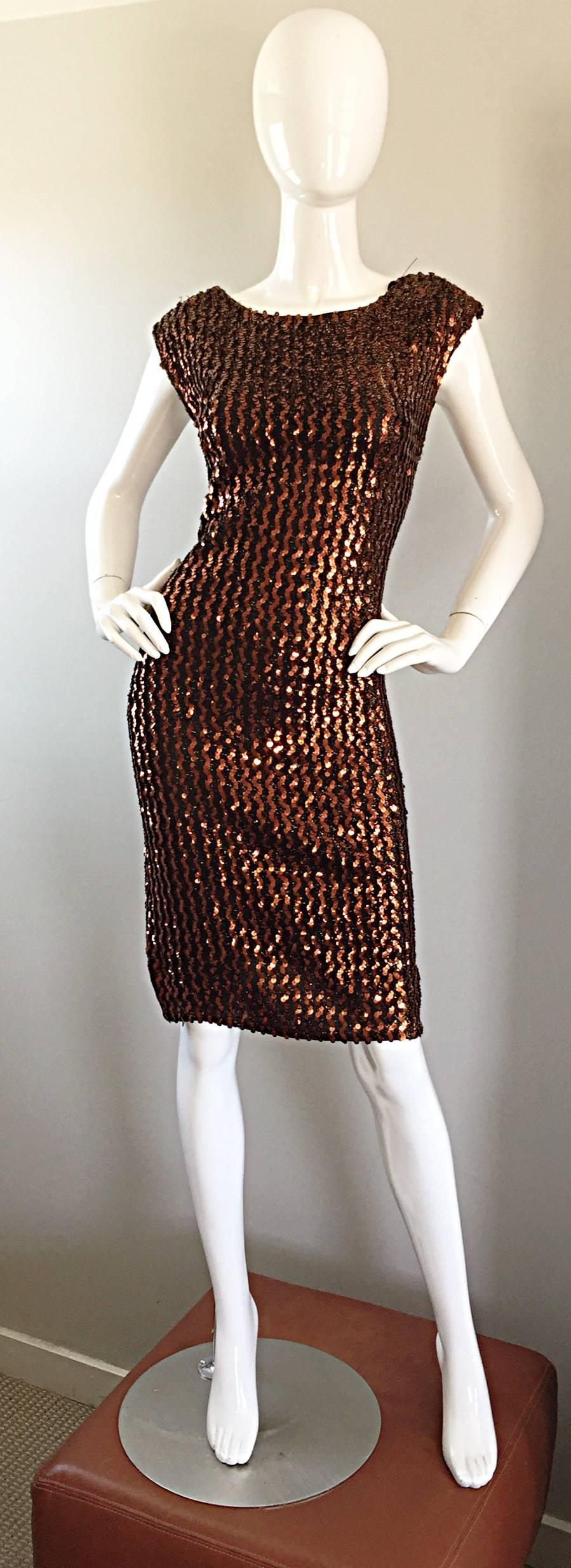 1970s Ellen Warren Bronze Sequined Vintage Knit 70s Disco Dress w/ Plunging Back 4
