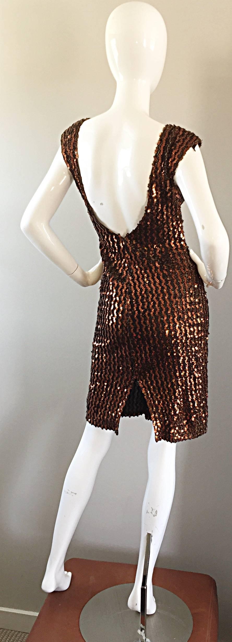 1970s Ellen Warren Bronze Sequined Vintage Knit 70s Disco Dress w/ Plunging Back 1