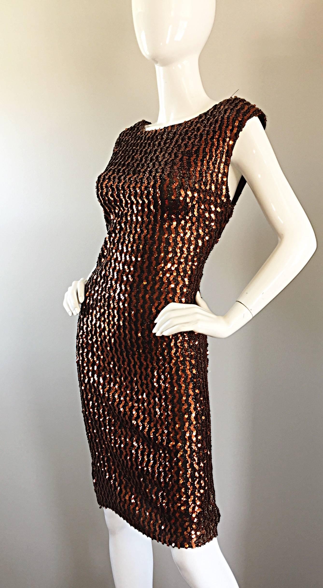 Women's 1970s Ellen Warren Bronze Sequined Vintage Knit 70s Disco Dress w/ Plunging Back