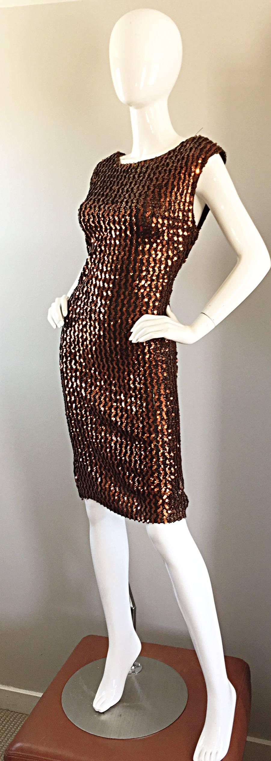 1970s Ellen Warren Bronze Sequined Vintage Knit 70s Disco Dress w/ Plunging Back 2