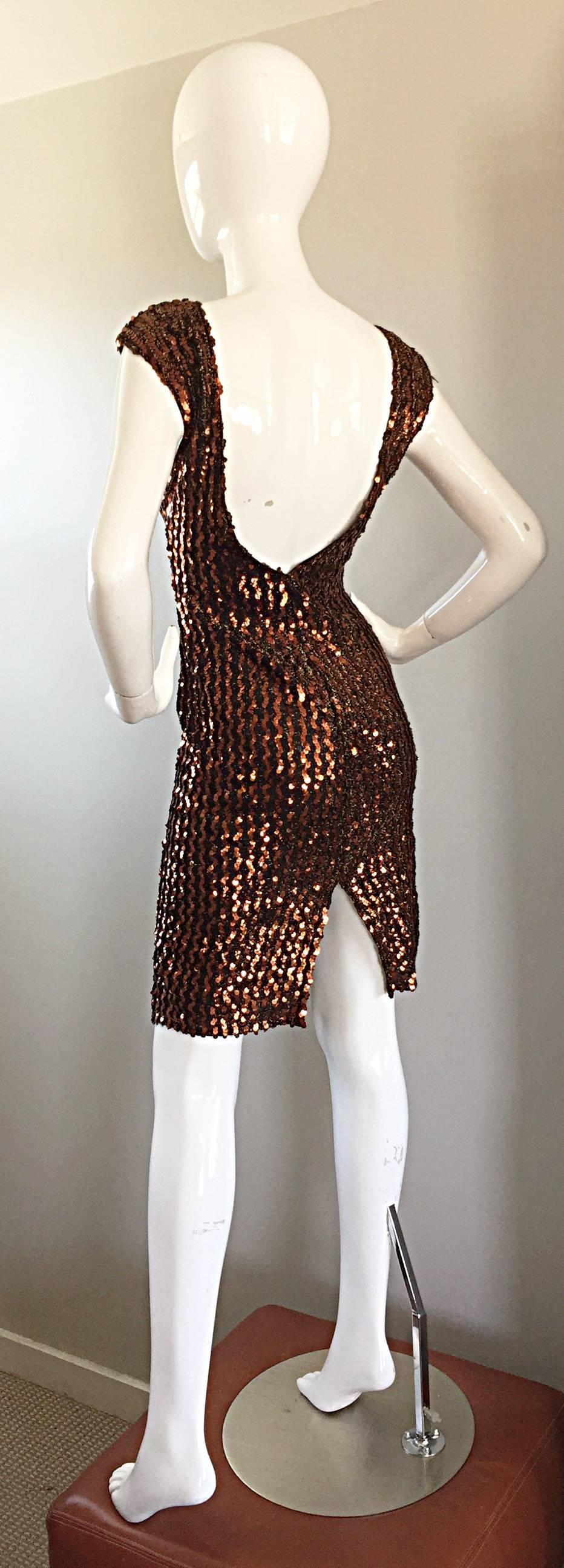 1970s Ellen Warren Bronze Sequined Vintage Knit 70s Disco Dress w/ Plunging Back 3