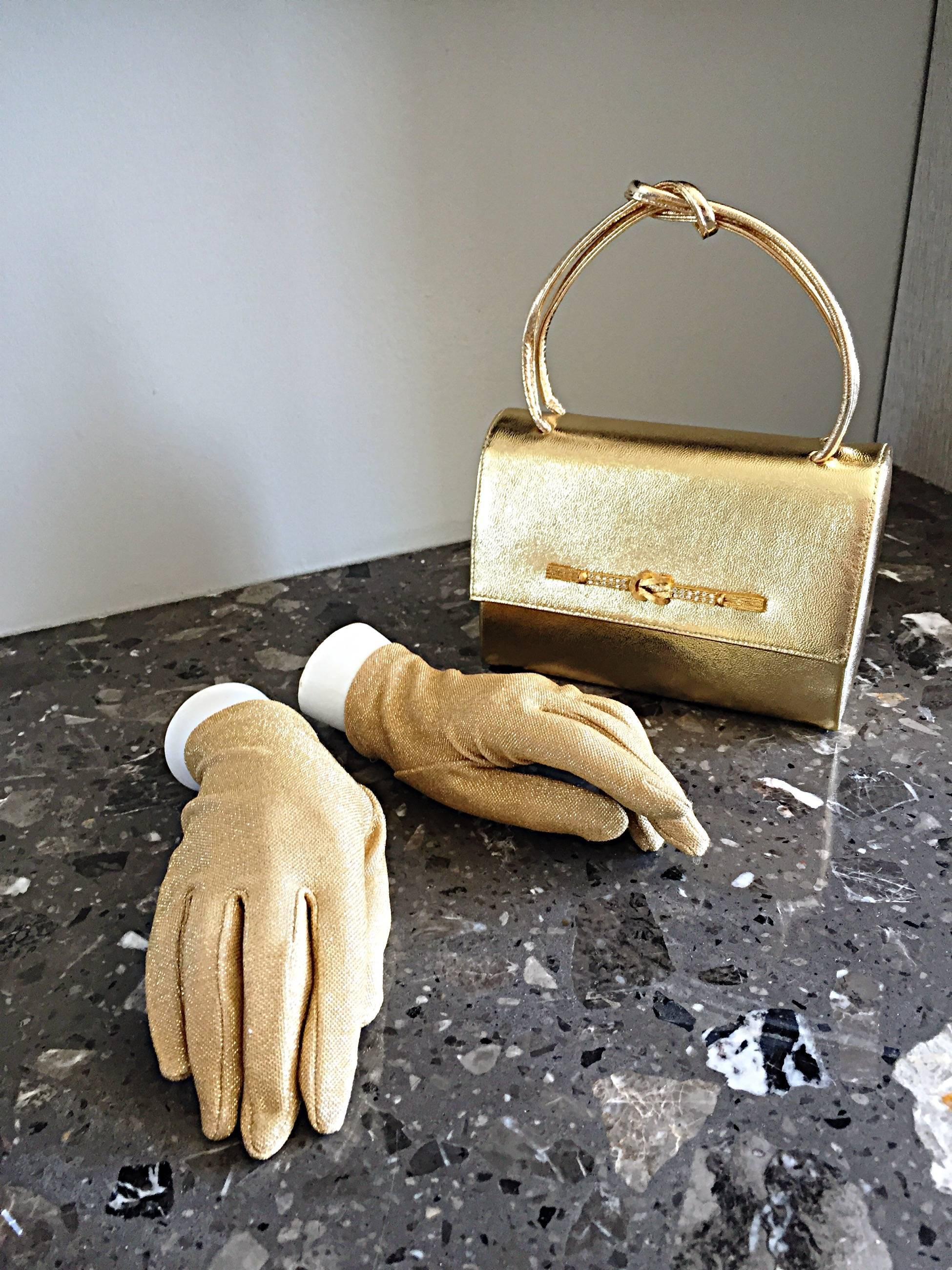 1950s Vintage Gold Metallic Leather 50s Purse Bag w/ Matching Gold Lurex Gloves 3