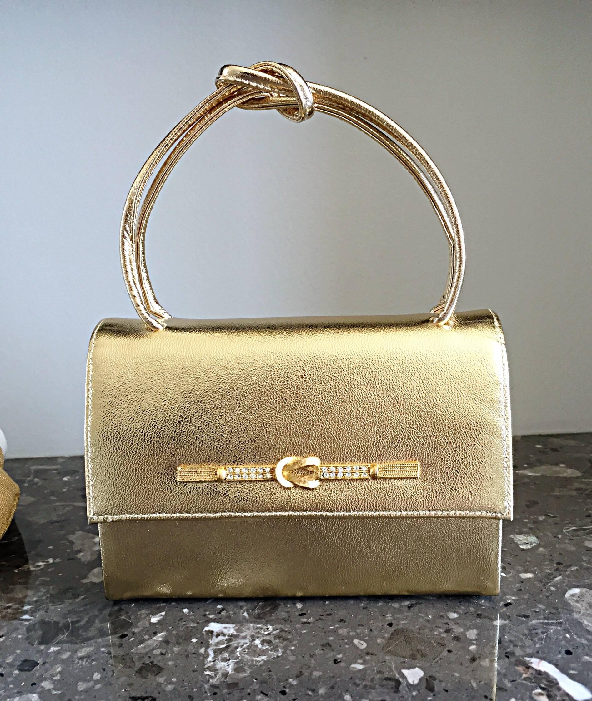 Women's 1950s Vintage Gold Metallic Leather 50s Purse Bag w/ Matching Gold Lurex Gloves