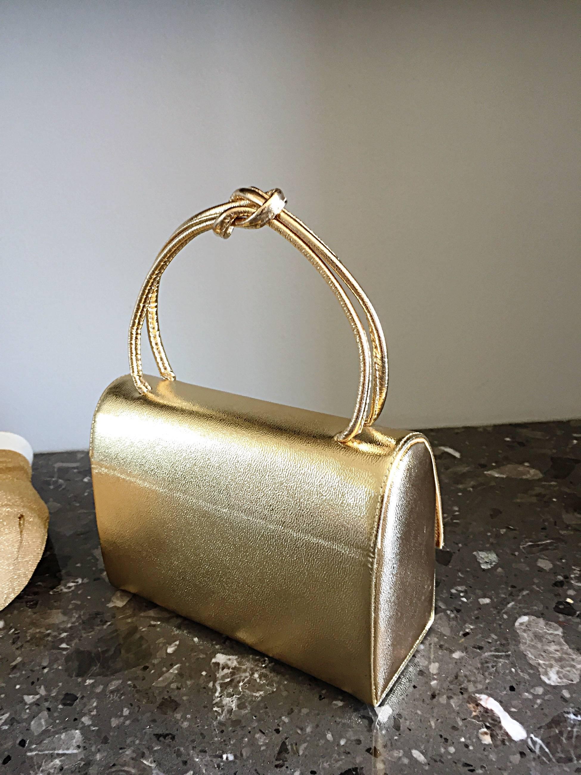 1950s Vintage Gold Metallic Leather 50s Purse Bag w/ Matching Gold Lurex Gloves 2