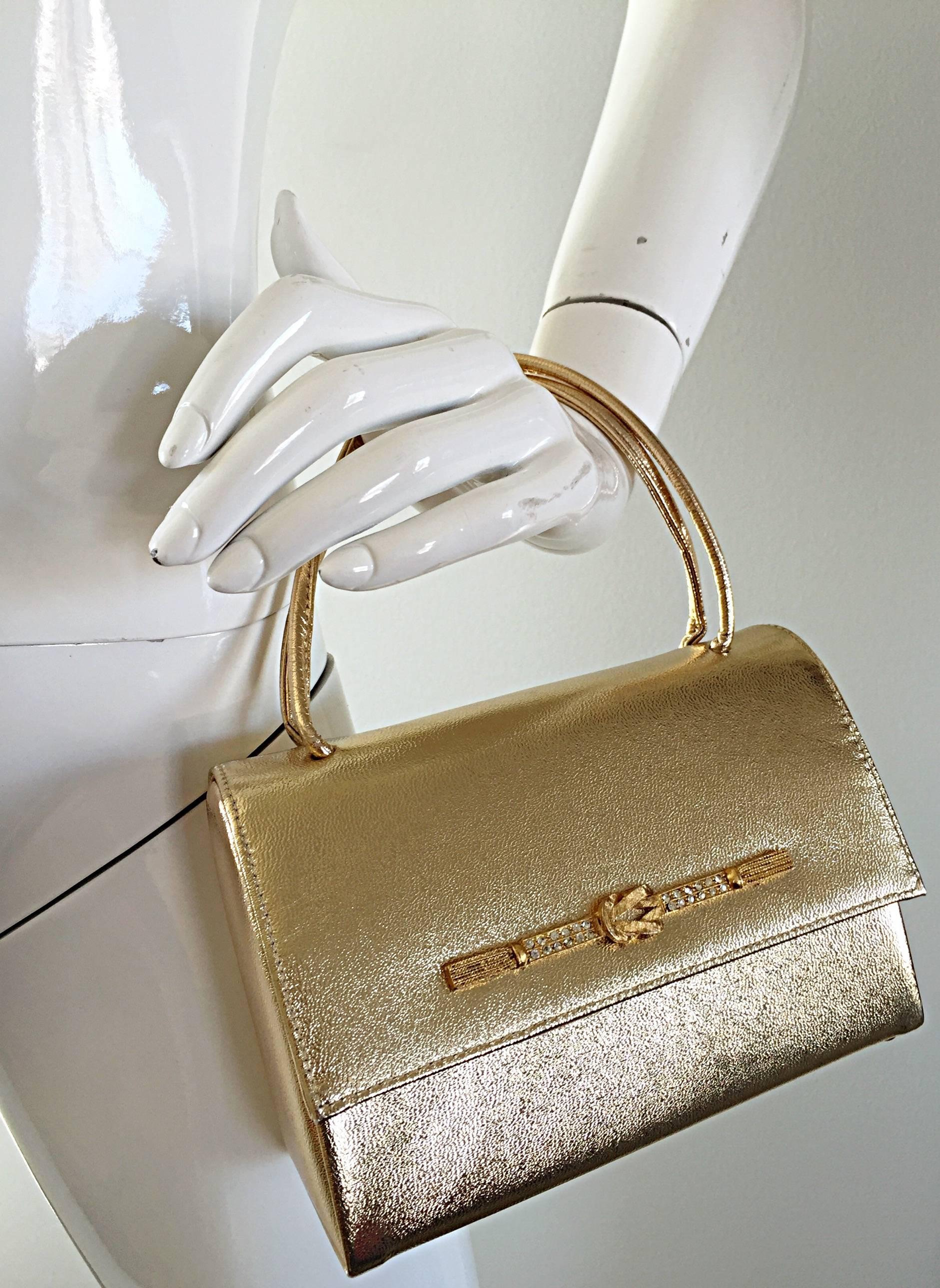 1950s Vintage Gold Metallic Leather 50s Purse Bag w/ Matching Gold Lurex Gloves 4