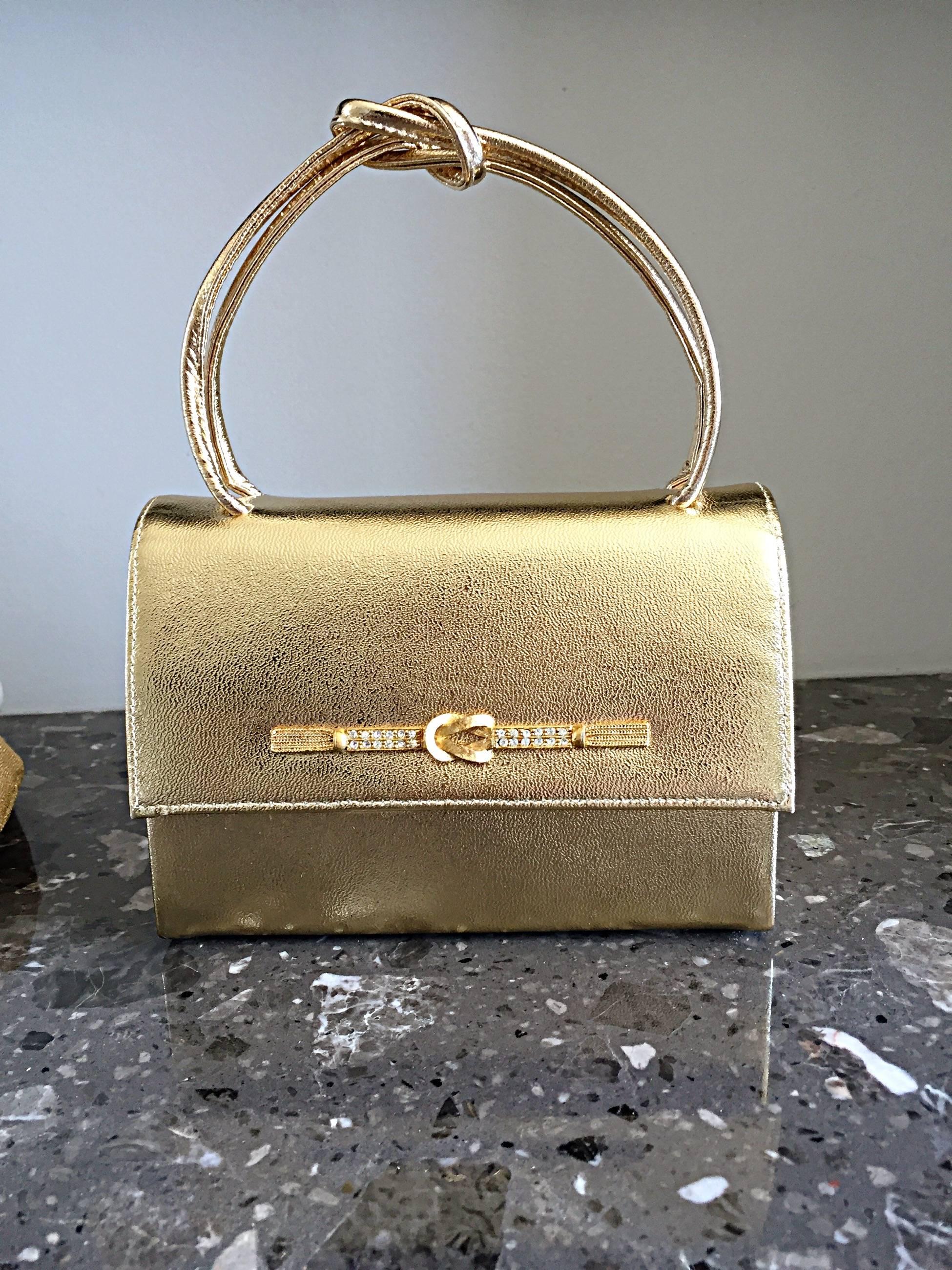 1950s Vintage Gold Metallic Leather 50s Purse Bag w/ Matching Gold Lurex Gloves 6