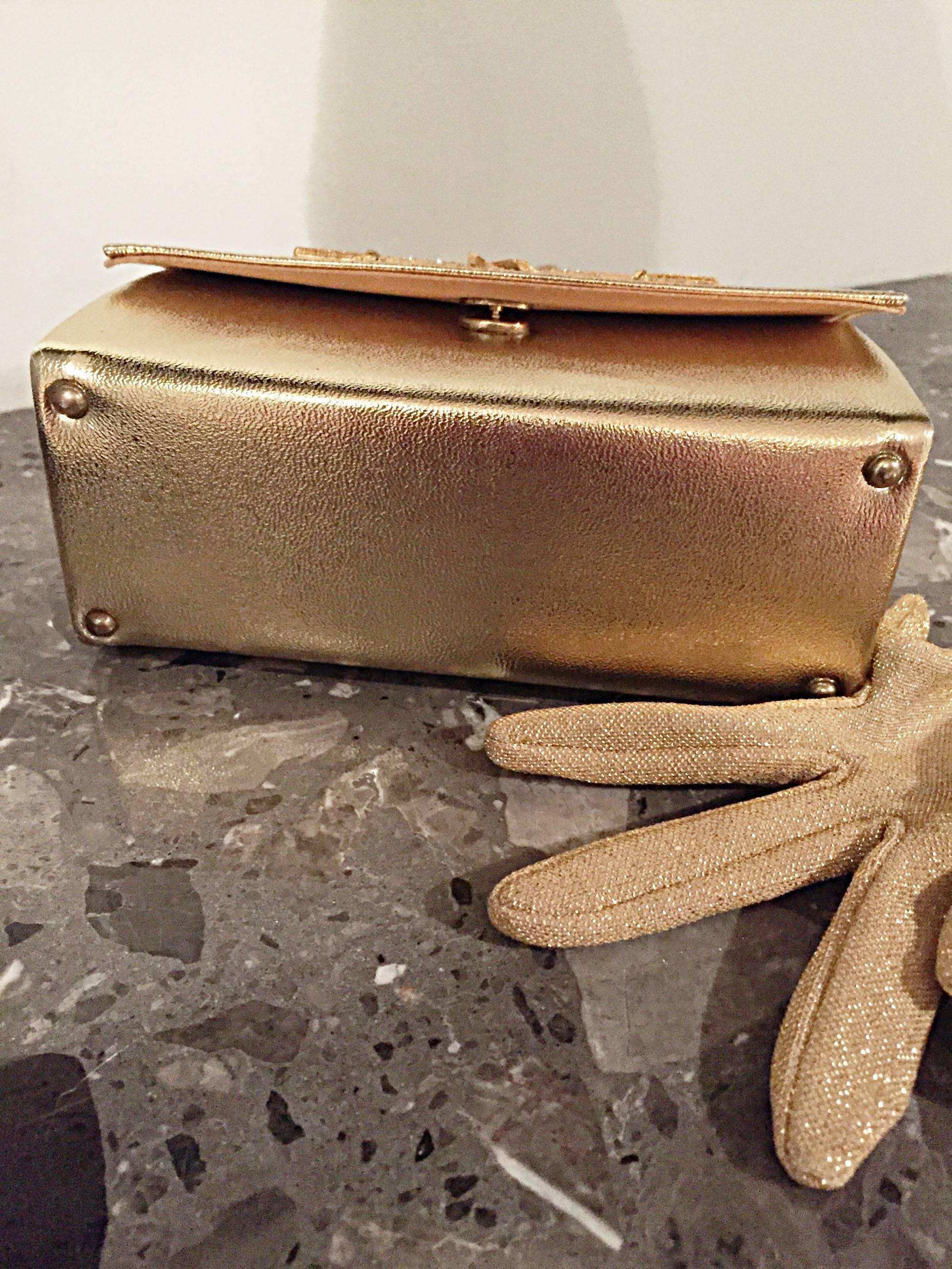 1950s Vintage Gold Metallic Leather 50s Purse Bag w/ Matching Gold Lurex Gloves 5