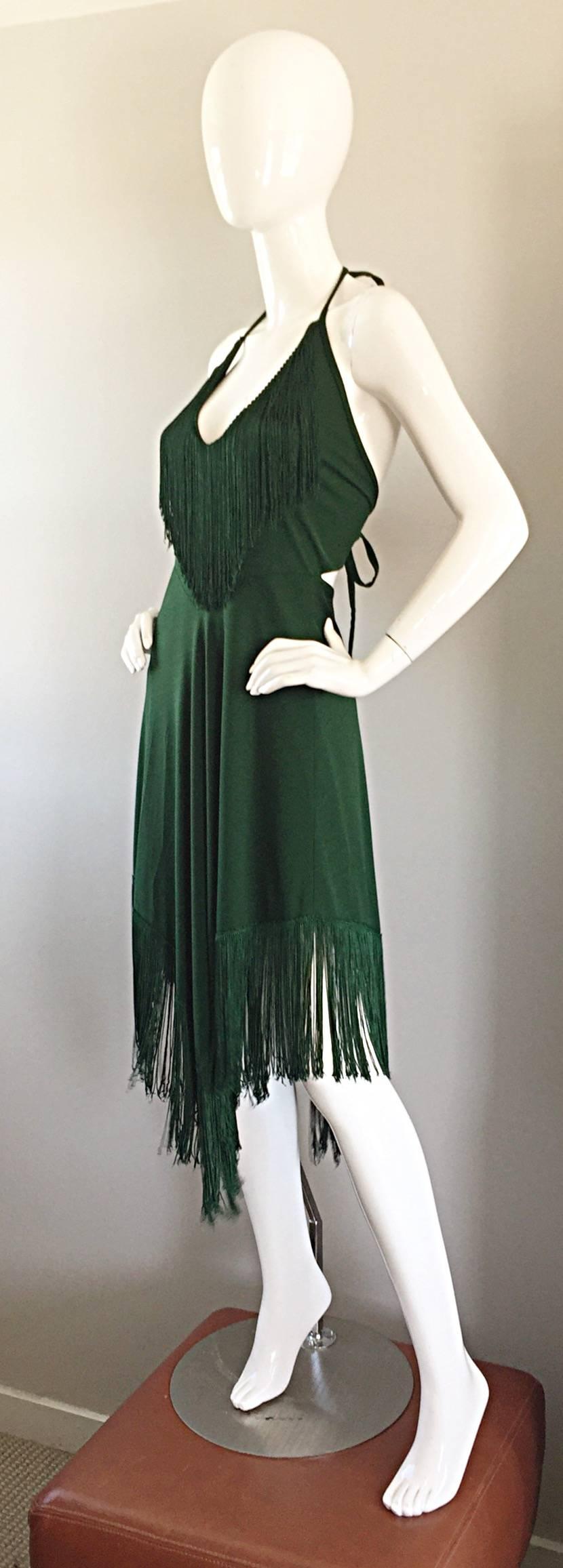 Black Spectacular 1970s David Howard Forest Green Fringed Handkerchief Vintage Dress