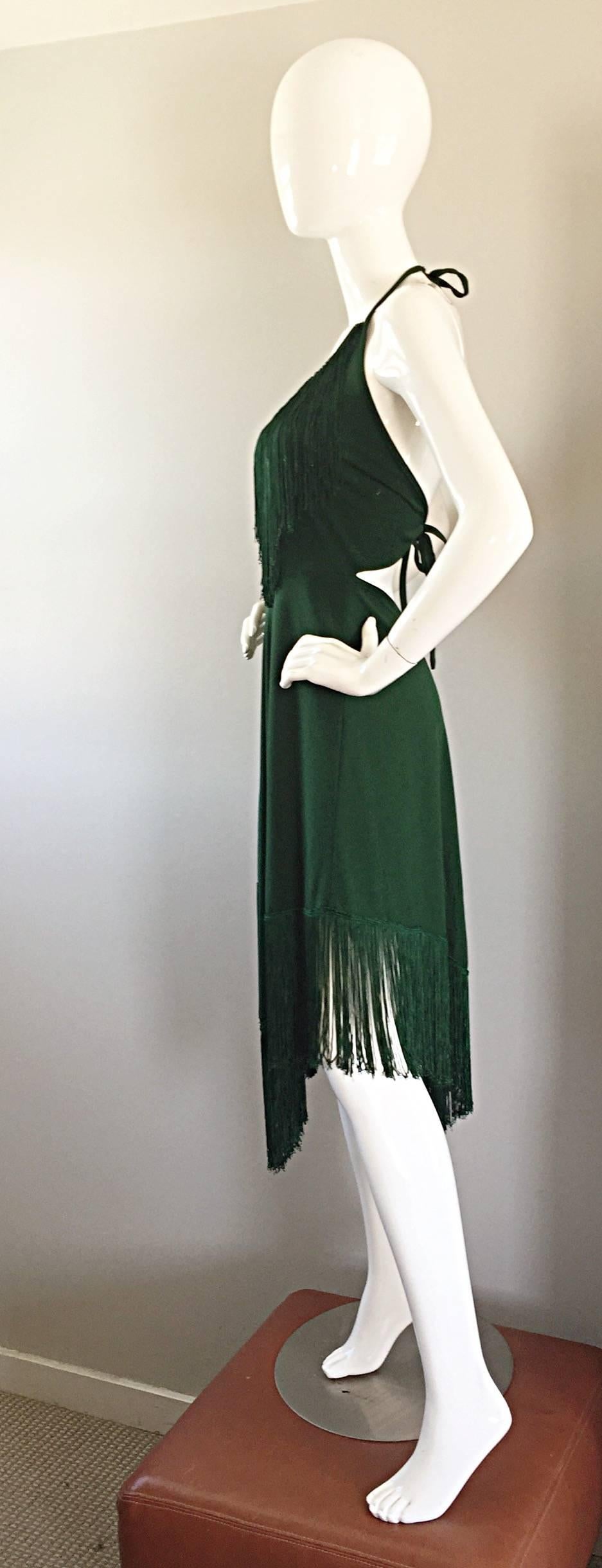 Spectacular 1970s David Howard Forest Green Fringed Handkerchief Vintage Dress In Excellent Condition In San Diego, CA