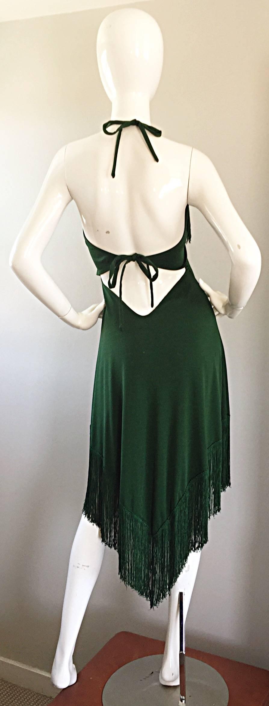 Women's Spectacular 1970s David Howard Forest Green Fringed Handkerchief Vintage Dress