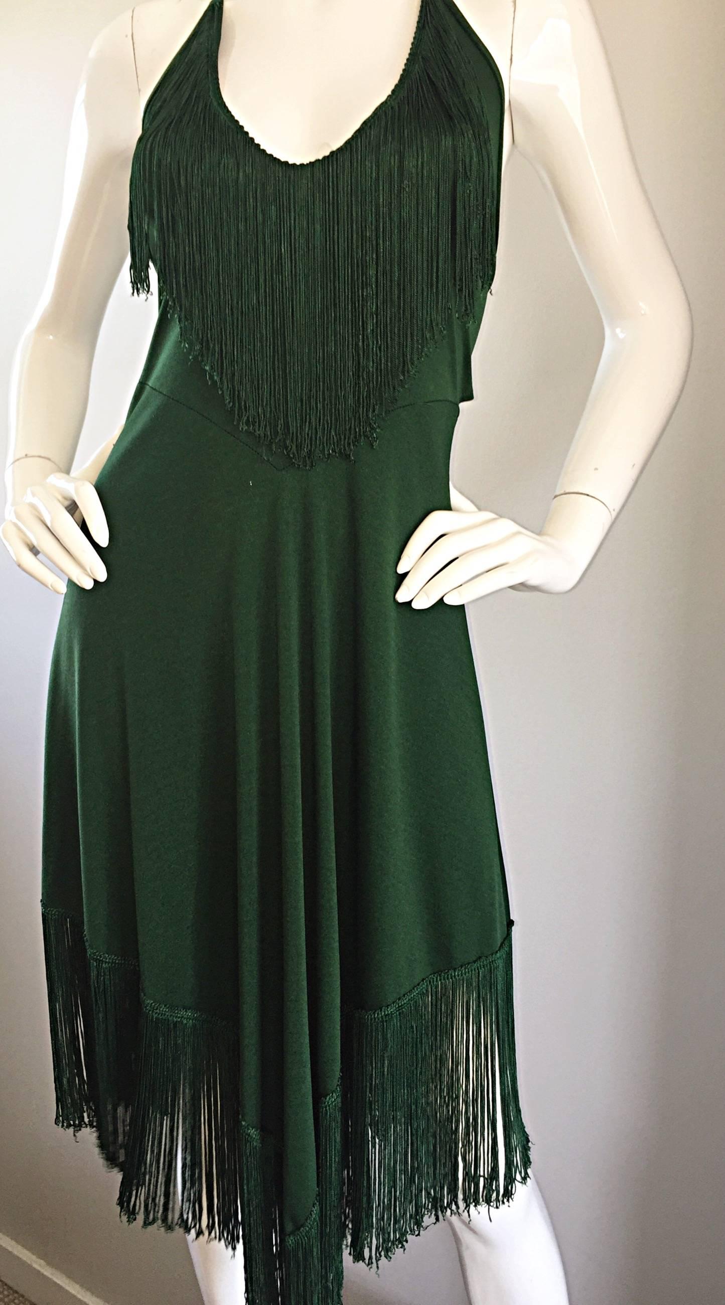 Spectacular 1970s David Howard Forest Green Fringed Handkerchief Vintage Dress 1